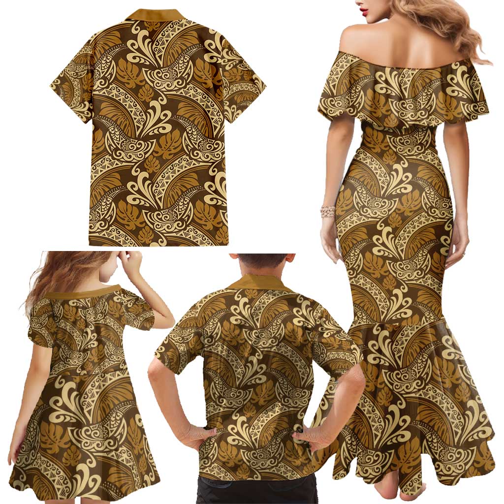 Brown Gold Monstera Family Matching Mermaid Dress and Hawaiian Shirt Polynesian Tribal Pattern LT01 - Polynesian Pride