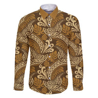 Brown Gold Monstera Family Matching Mermaid Dress and Hawaiian Shirt Polynesian Tribal Pattern LT01 Dad's Shirt - Long Sleeve Gold - Polynesian Pride