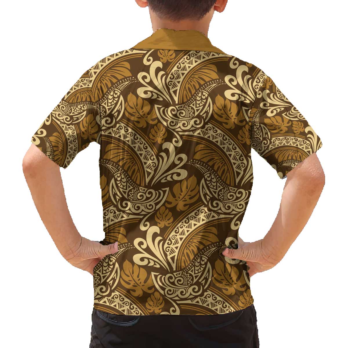 Brown Gold Monstera Family Matching Off The Shoulder Long Sleeve Dress and Hawaiian Shirt Polynesian Tribal Pattern LT01 - Polynesian Pride