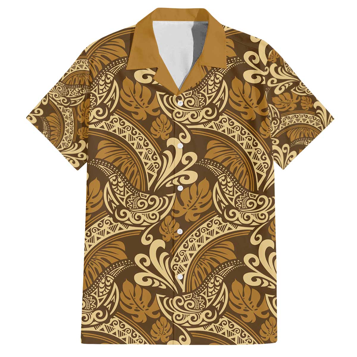 Brown Gold Monstera Family Matching Off The Shoulder Long Sleeve Dress and Hawaiian Shirt Polynesian Tribal Pattern LT01 Dad's Shirt - Short Sleeve Gold - Polynesian Pride