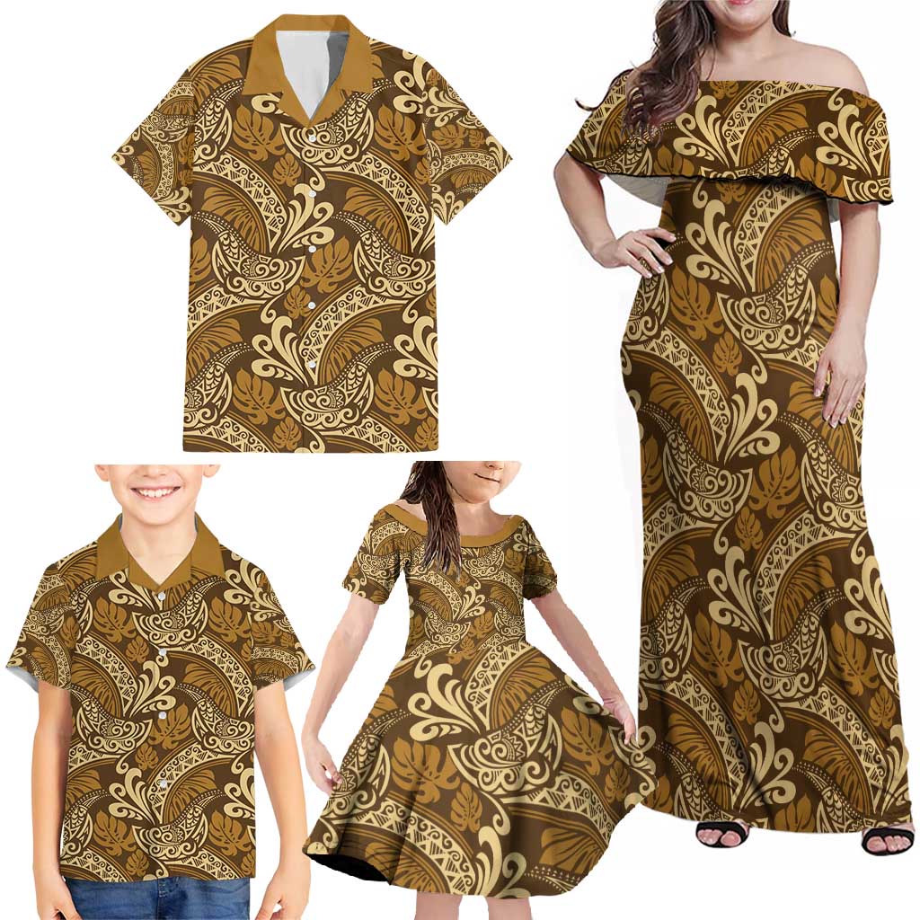 Brown Gold Monstera Family Matching Off Shoulder Maxi Dress and Hawaiian Shirt Polynesian Tribal Pattern LT01 - Polynesian Pride