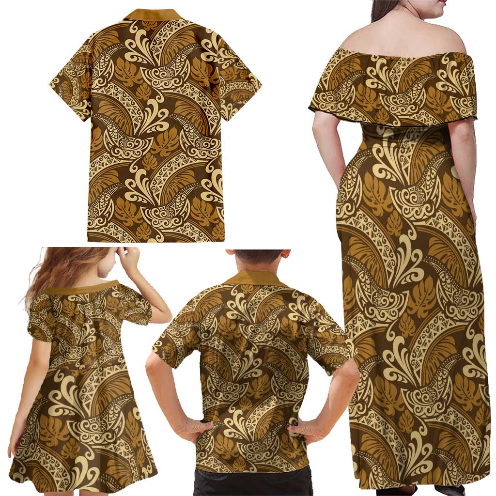 Brown Gold Monstera Family Matching Off Shoulder Maxi Dress and Hawaiian Shirt Polynesian Tribal Pattern LT01 - Polynesian Pride