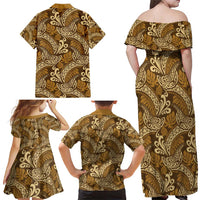 Brown Gold Monstera Family Matching Off Shoulder Maxi Dress and Hawaiian Shirt Polynesian Tribal Pattern LT01 - Polynesian Pride