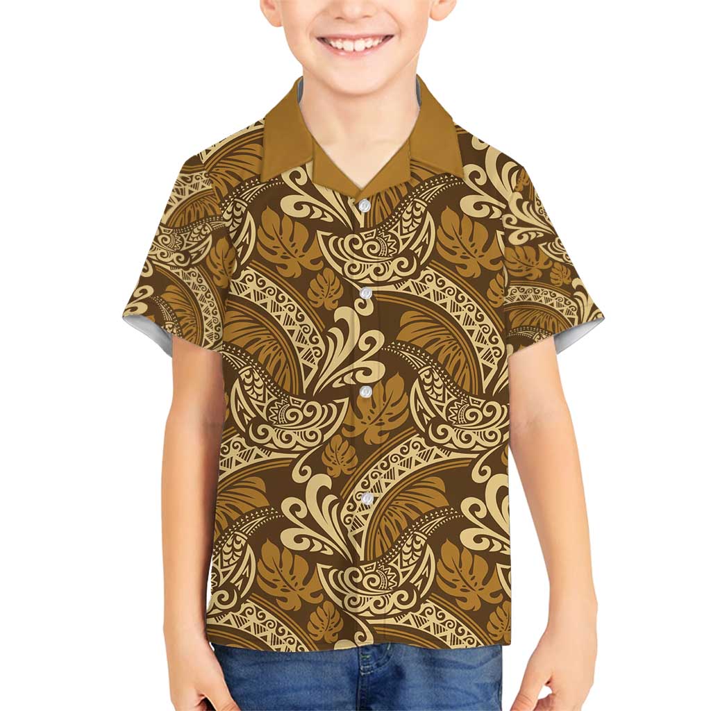 Brown Gold Monstera Family Matching Off Shoulder Maxi Dress and Hawaiian Shirt Polynesian Tribal Pattern LT01 Son's Shirt Gold - Polynesian Pride