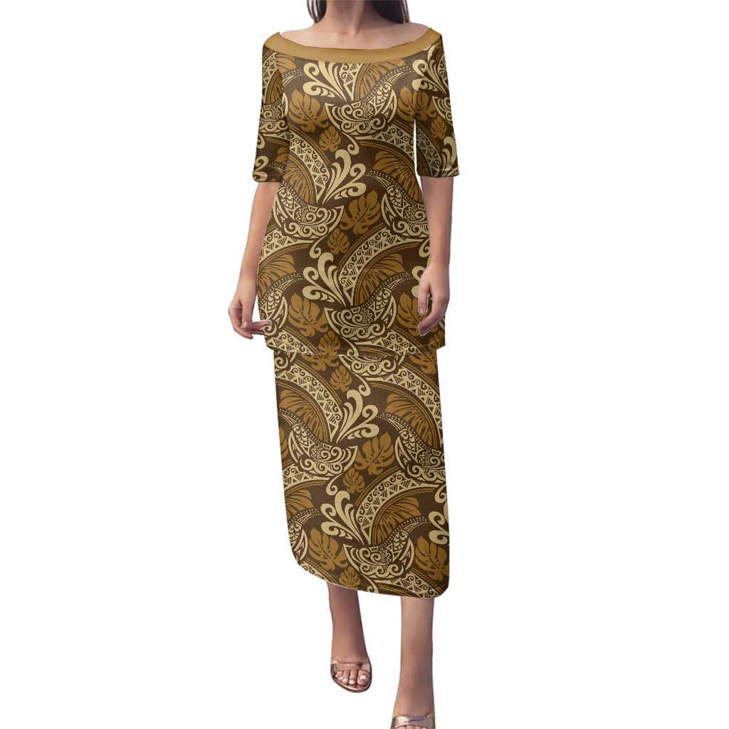 Brown Gold Monstera Family Matching Puletasi and Hawaiian Shirt Polynesian Tribal Pattern - Polynesian Pride