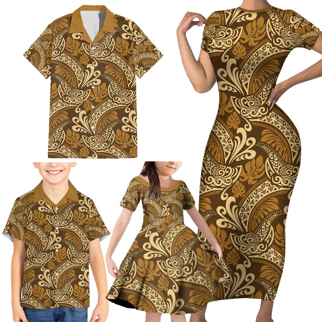Brown Gold Monstera Family Matching Short Sleeve Bodycon Dress and Hawaiian Shirt Polynesian Tribal Pattern LT01 - Polynesian Pride