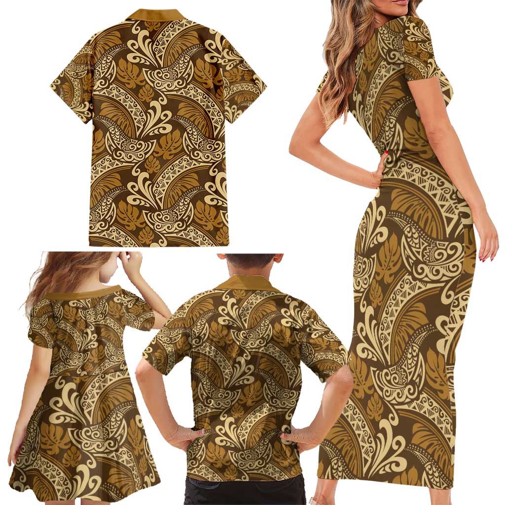 Brown Gold Monstera Family Matching Short Sleeve Bodycon Dress and Hawaiian Shirt Polynesian Tribal Pattern LT01 - Polynesian Pride