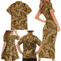 Brown Gold Monstera Family Matching Short Sleeve Bodycon Dress and Hawaiian Shirt Polynesian Tribal Pattern LT01 - Polynesian Pride