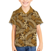 Brown Gold Monstera Family Matching Short Sleeve Bodycon Dress and Hawaiian Shirt Polynesian Tribal Pattern LT01 Son's Shirt Gold - Polynesian Pride