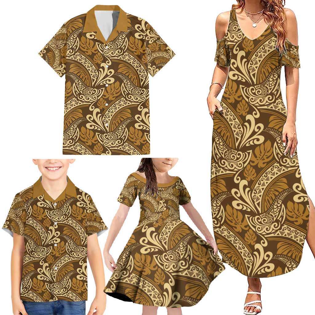 Brown Gold Monstera Family Matching Summer Maxi Dress and Hawaiian Shirt Polynesian Tribal Pattern LT01 - Polynesian Pride