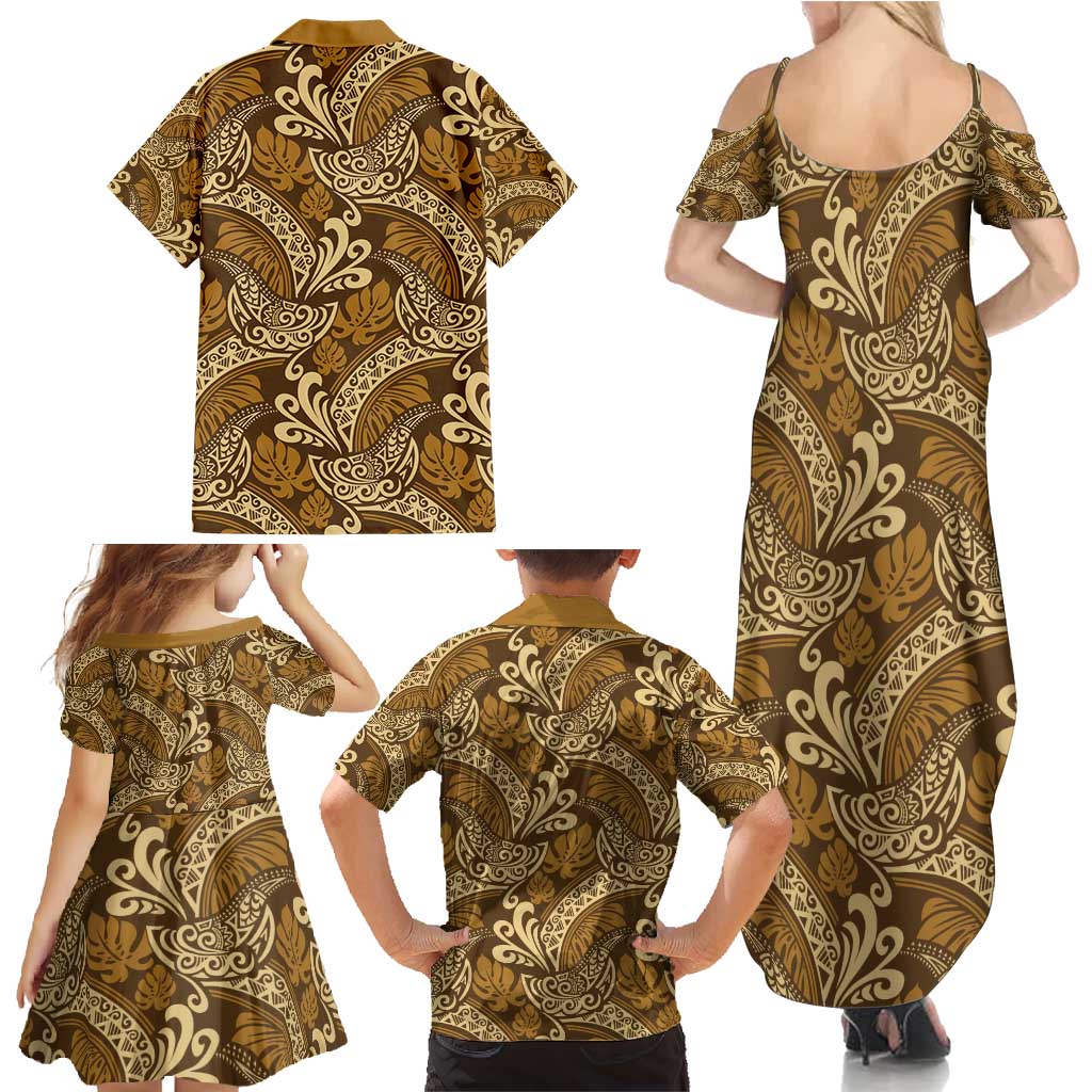 Brown Gold Monstera Family Matching Summer Maxi Dress and Hawaiian Shirt Polynesian Tribal Pattern LT01 - Polynesian Pride