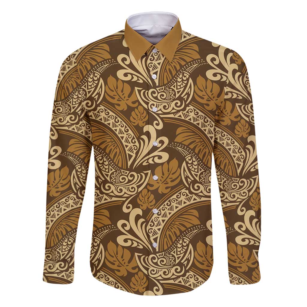 Brown Gold Monstera Family Matching Summer Maxi Dress and Hawaiian Shirt Polynesian Tribal Pattern LT01 Dad's Shirt - Long Sleeve Gold - Polynesian Pride