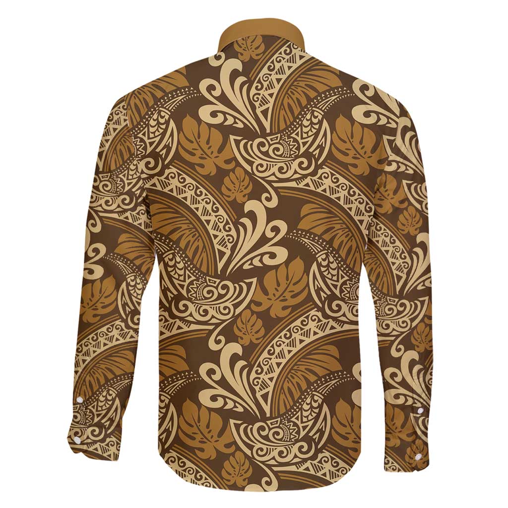 Brown Gold Monstera Family Matching Tank Maxi Dress and Hawaiian Shirt Polynesian Tribal Pattern LT01 - Polynesian Pride