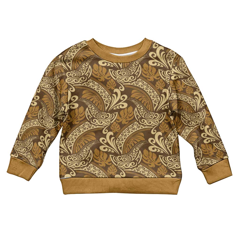 Brown Gold Monstera Kid Ugly Christmas Sweater Polynesian Tribal Pattern - Polynesian Pride