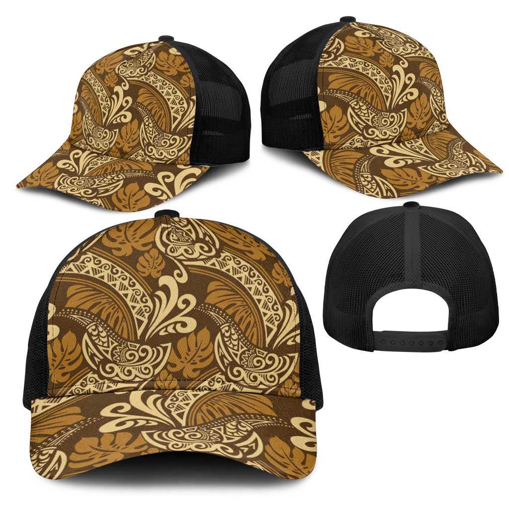 Brown Gold Monstera Mesh Trucker Cap Polynesian Tribal Pattern - Polynesian Pride