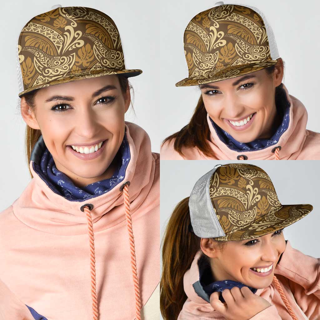 Brown Gold Monstera Mesh Trucker Cap Polynesian Tribal Pattern - Polynesian Pride