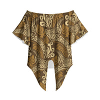 Brown Gold Monstera Off Shoulder Wrap Waist Top Polynesian Tribal Pattern LT01 Gold - Polynesian Pride