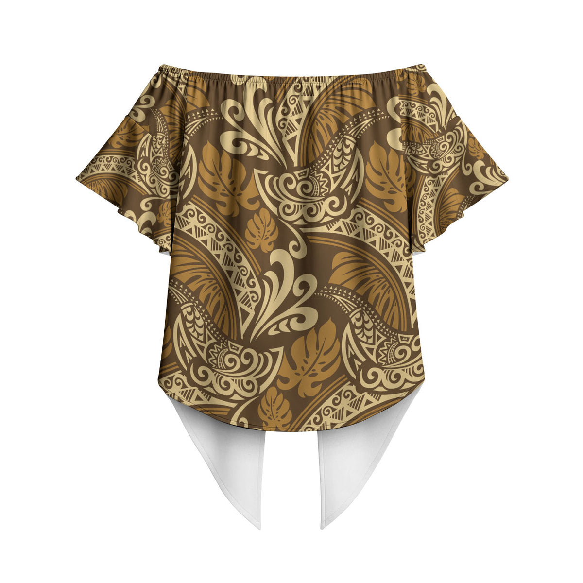 Brown Gold Monstera Off Shoulder Wrap Waist Top Polynesian Tribal Pattern LT01 - Polynesian Pride