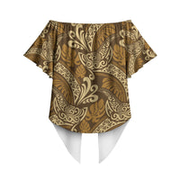 Brown Gold Monstera Off Shoulder Wrap Waist Top Polynesian Tribal Pattern LT01 - Polynesian Pride