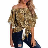 Brown Gold Monstera Off Shoulder Wrap Waist Top Polynesian Tribal Pattern LT01 - Polynesian Pride