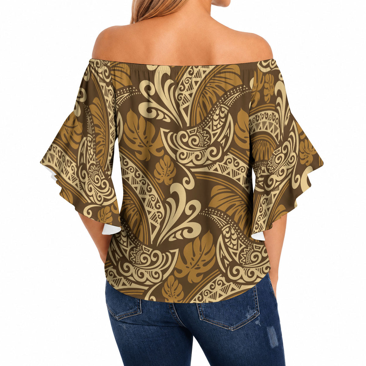 Brown Gold Monstera Off Shoulder Wrap Waist Top Polynesian Tribal Pattern LT01 - Polynesian Pride