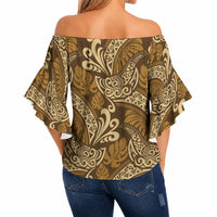 Brown Gold Monstera Off Shoulder Wrap Waist Top Polynesian Tribal Pattern LT01 - Polynesian Pride