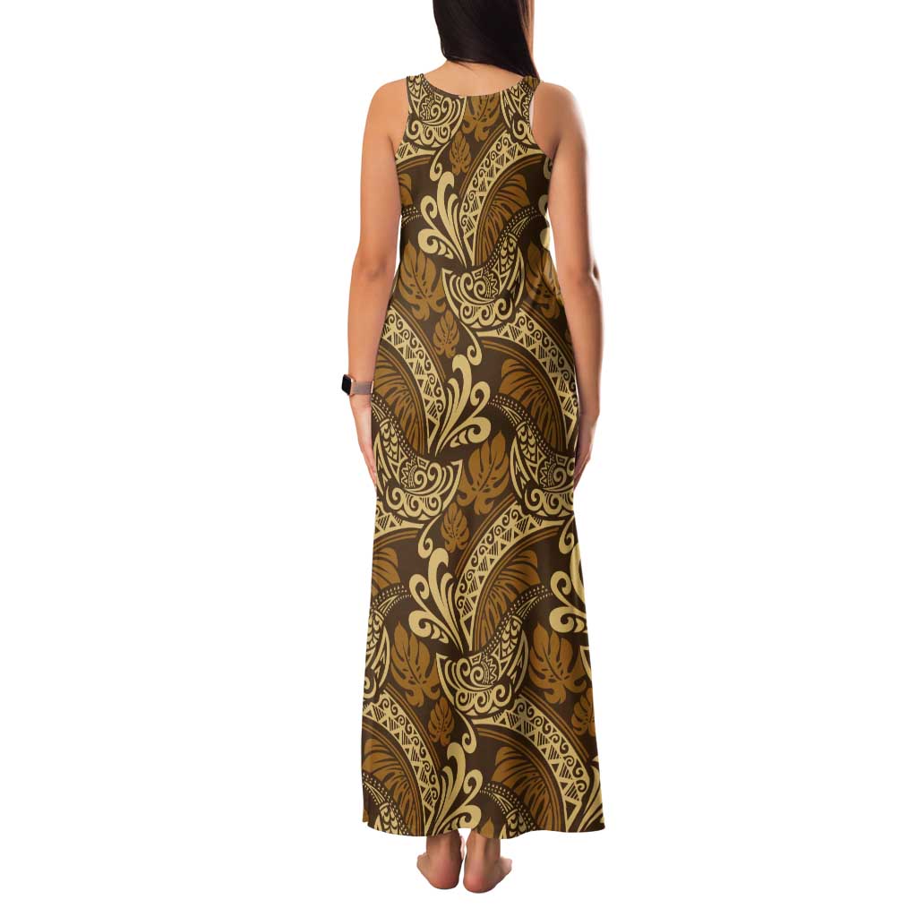 Brown Gold Monstera Tank Maxi Dress Polynesian Tribal Pattern - Polynesian Pride
