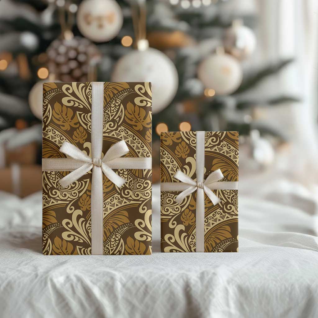 Brown Gold Monstera Wrapping Paper Polynesian Tribal Pattern - Polynesian Pride