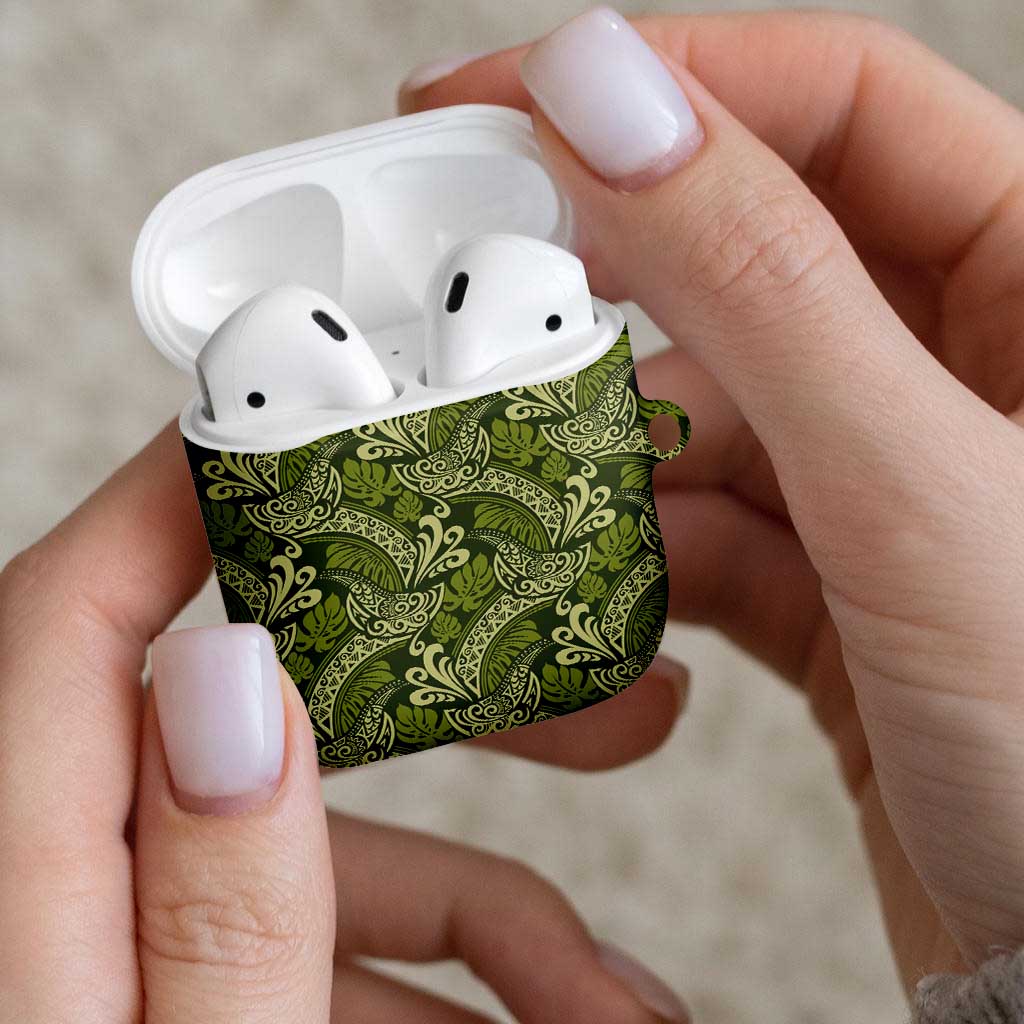 Olive Green Monstera AirPods Case Polynesian Tribal Pattern - Polynesian Pride
