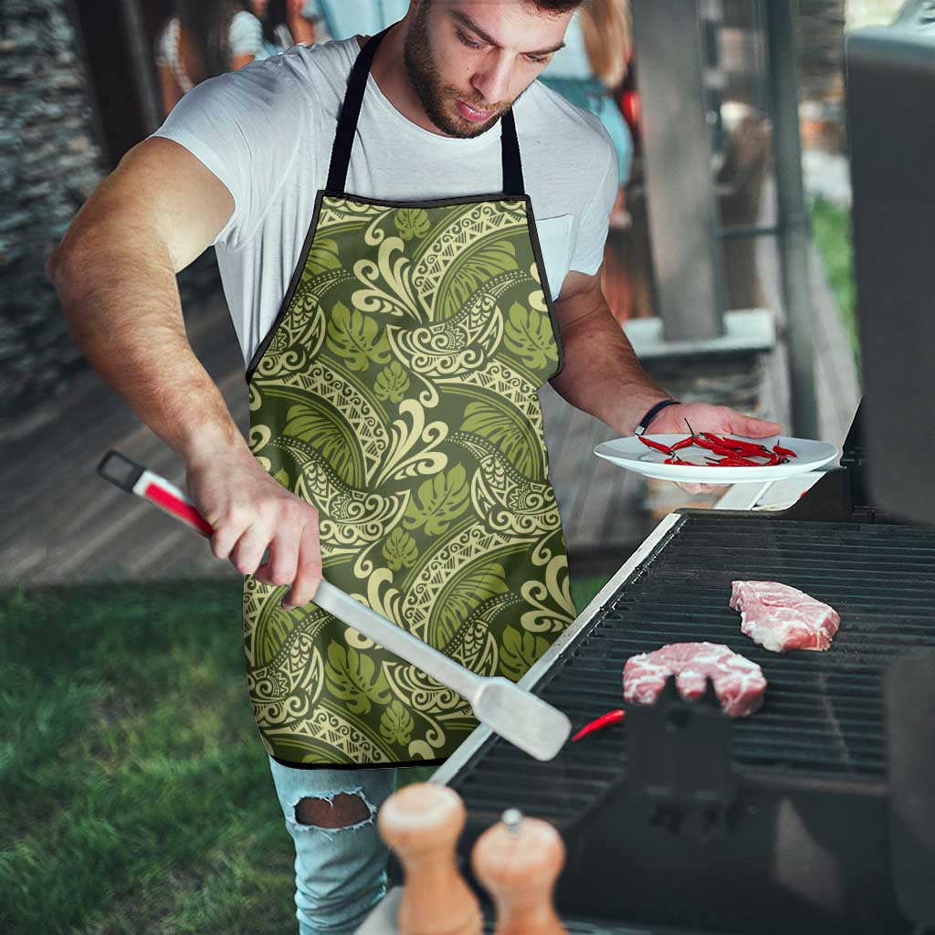 Olive Green Monstera Apron Polynesian Tribal Pattern - Polynesian Pride