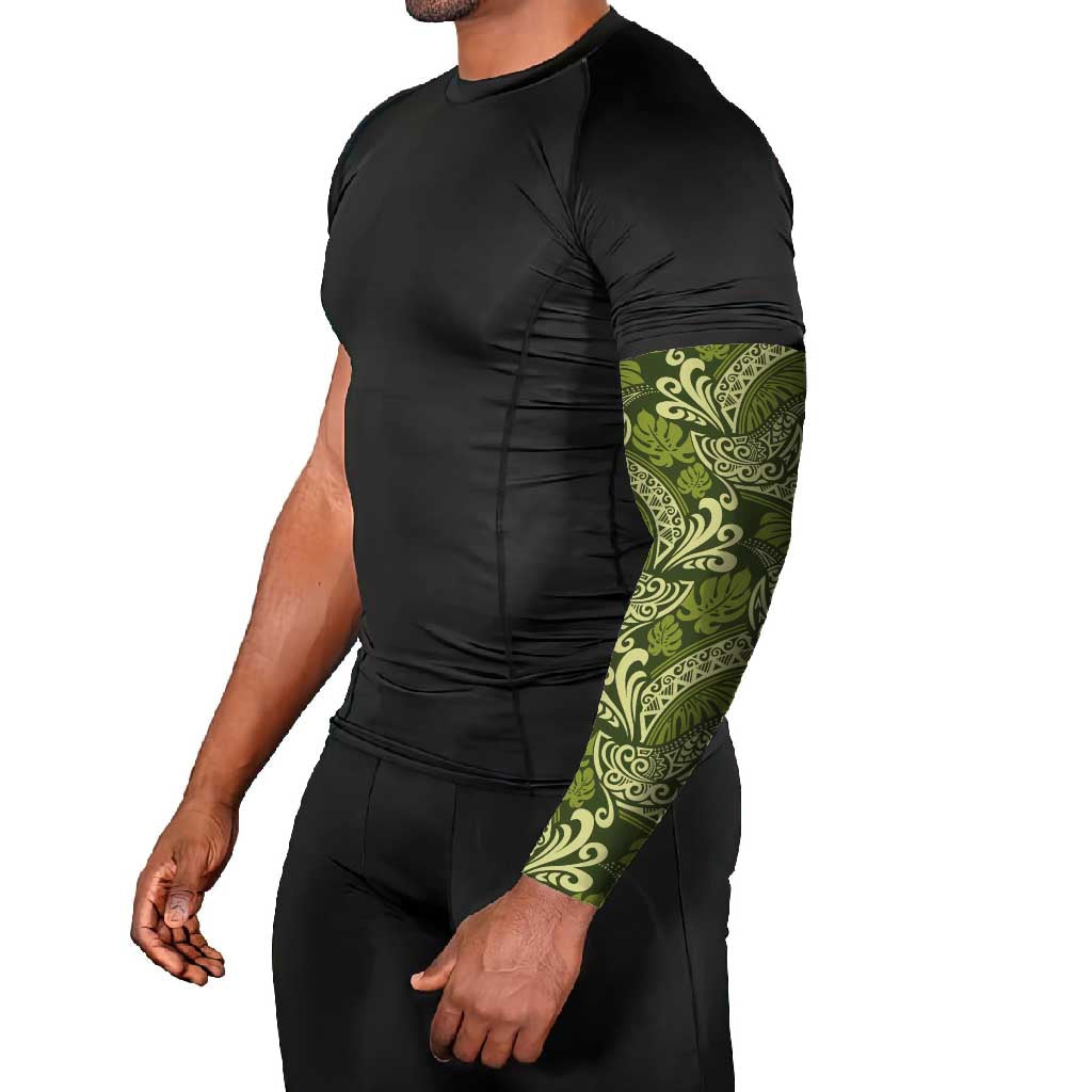 Olive Green Monstera Arm Sleeves Polynesian Tribal Pattern - Polynesian Pride