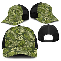 Olive Green Monstera Baseball Net Cap Polynesian Tribal Pattern - Polynesian Pride