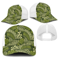 Olive Green Monstera Baseball Net Cap Polynesian Tribal Pattern - Polynesian Pride