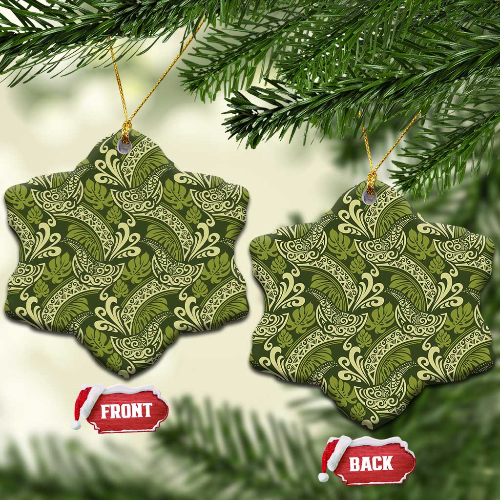 Olive Green Monstera Ceramic Ornament Polynesian Tribal Pattern - Polynesian Pride