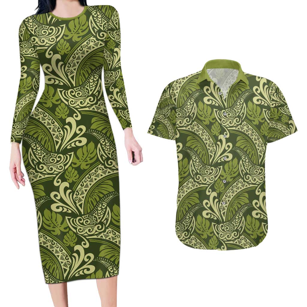 Olive Green Monstera Couples Matching Long Sleeve Bodycon Dress and Hawaiian Shirt Polynesian Tribal Pattern LT01 Green - Polynesian Pride