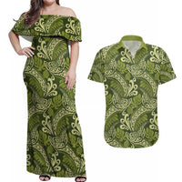 Olive Green Monstera Couples Matching Off Shoulder Maxi Dress and Hawaiian Shirt Polynesian Tribal Pattern LT01 Green - Polynesian Pride