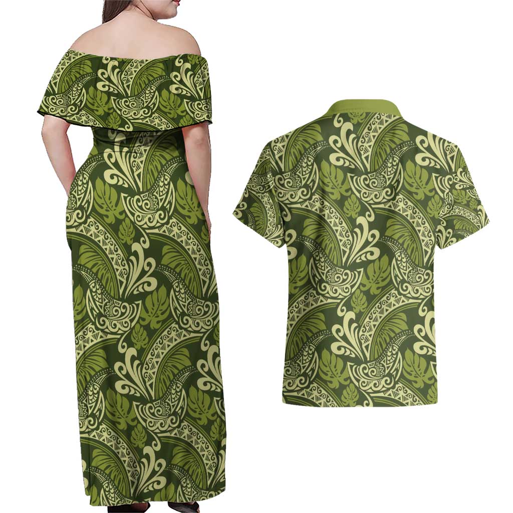Olive Green Monstera Couples Matching Off Shoulder Maxi Dress and Hawaiian Shirt Polynesian Tribal Pattern LT01 - Polynesian Pride