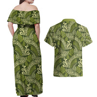 Olive Green Monstera Couples Matching Off Shoulder Maxi Dress and Hawaiian Shirt Polynesian Tribal Pattern LT01 - Polynesian Pride
