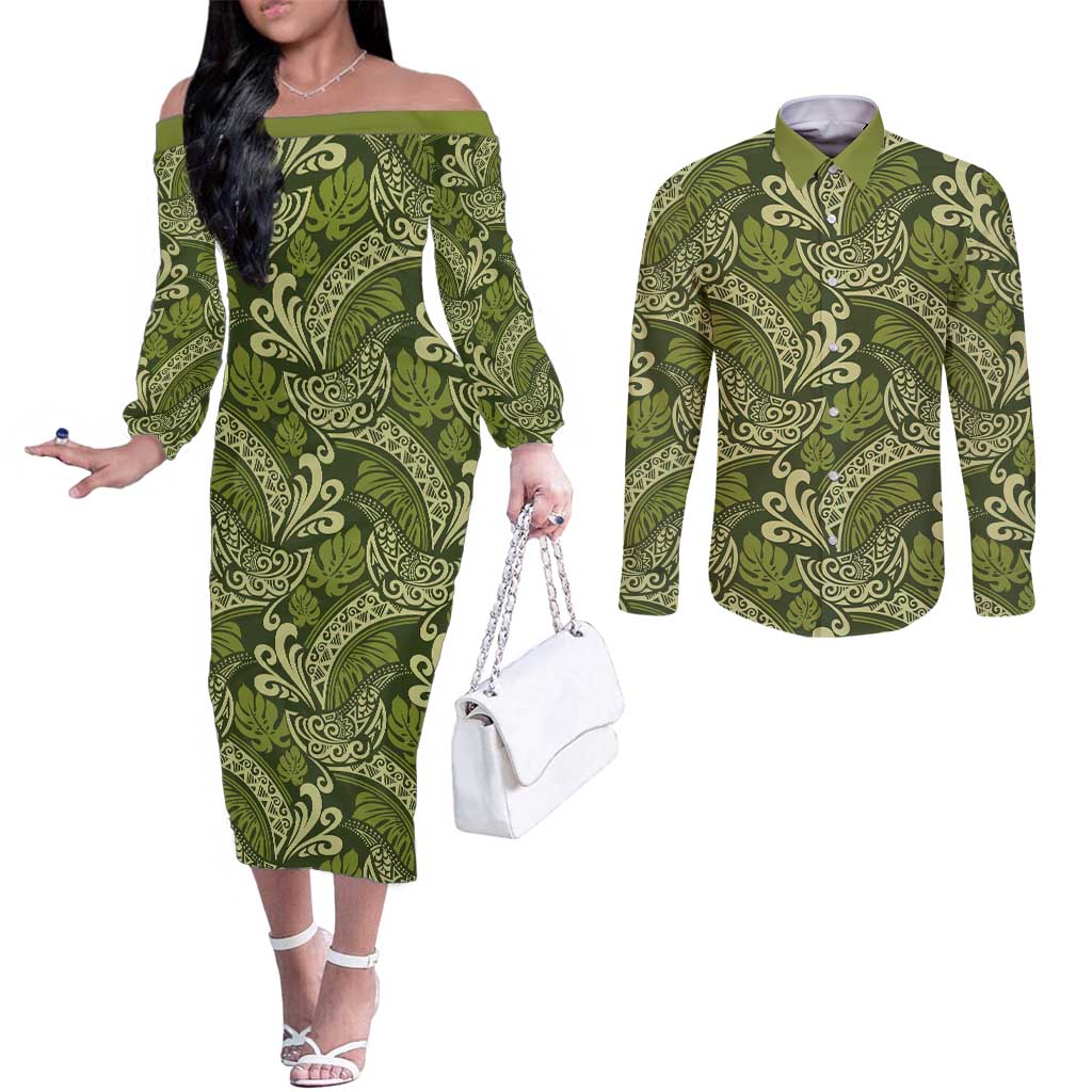 Olive Green Monstera Couples Matching Off The Shoulder Long Sleeve Dress and Long Sleeve Button Shirt Polynesian Tribal Pattern LT01 Green - Polynesian Pride