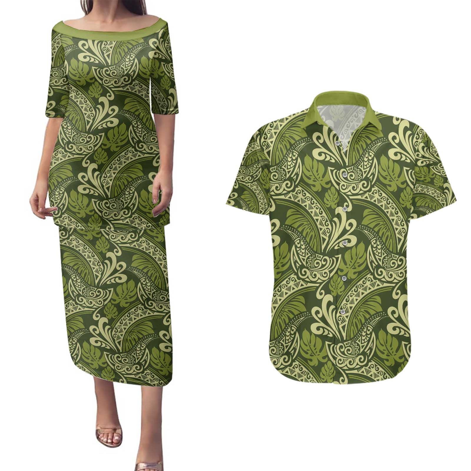 Olive Green Monstera Couples Matching Puletasi and Hawaiian Shirt Polynesian Tribal Pattern LT01 Green - Polynesian Pride