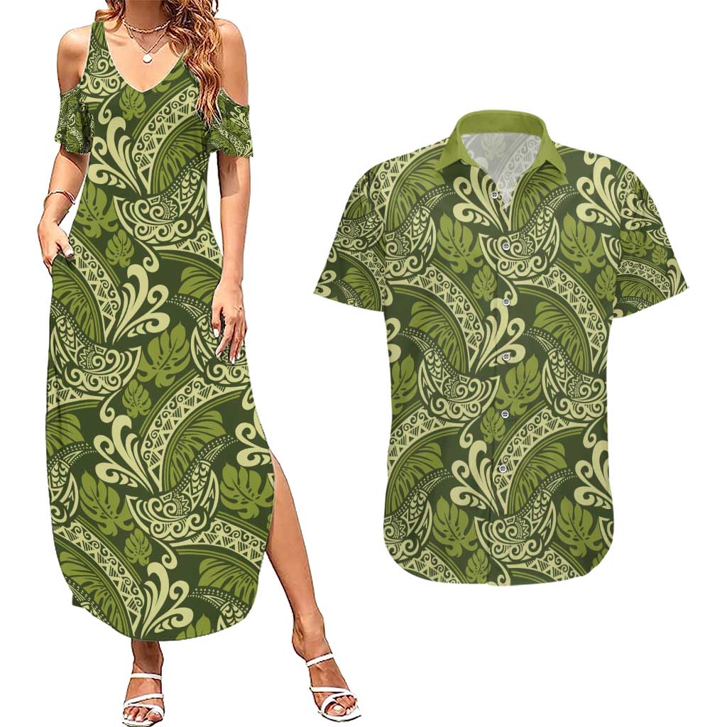 Olive Green Monstera Couples Matching Summer Maxi Dress and Hawaiian Shirt Polynesian Tribal Pattern LT01 Green - Polynesian Pride