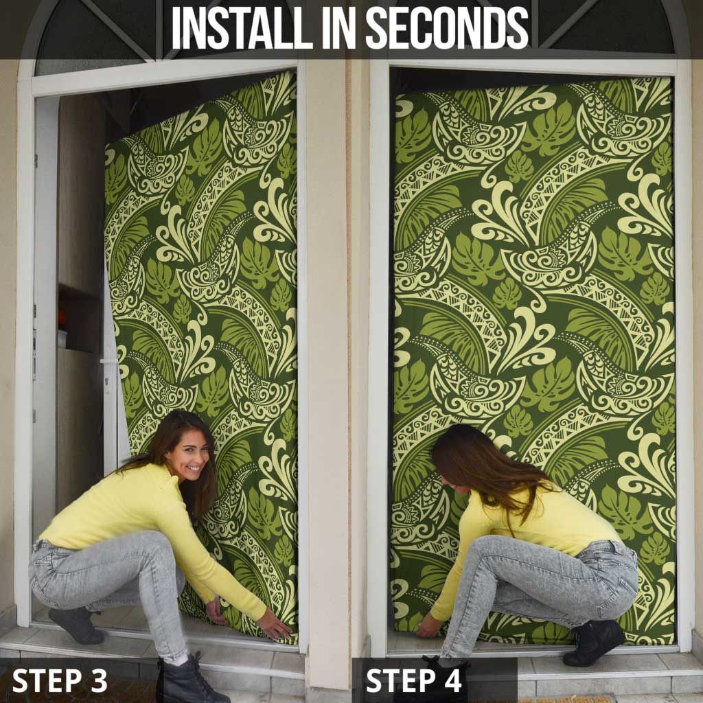 Olive Green Monstera Door Cover Polynesian Tribal Pattern - Polynesian Pride