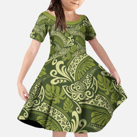 Olive Green Monstera Family Matching Long Sleeve Bodycon Dress and Hawaiian Shirt Polynesian Tribal Pattern LT01 Daughter's Dress Green - Polynesian Pride