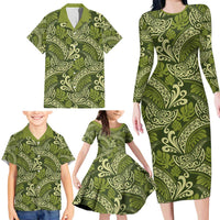 Olive Green Monstera Family Matching Long Sleeve Bodycon Dress and Hawaiian Shirt Polynesian Tribal Pattern LT01 - Polynesian Pride