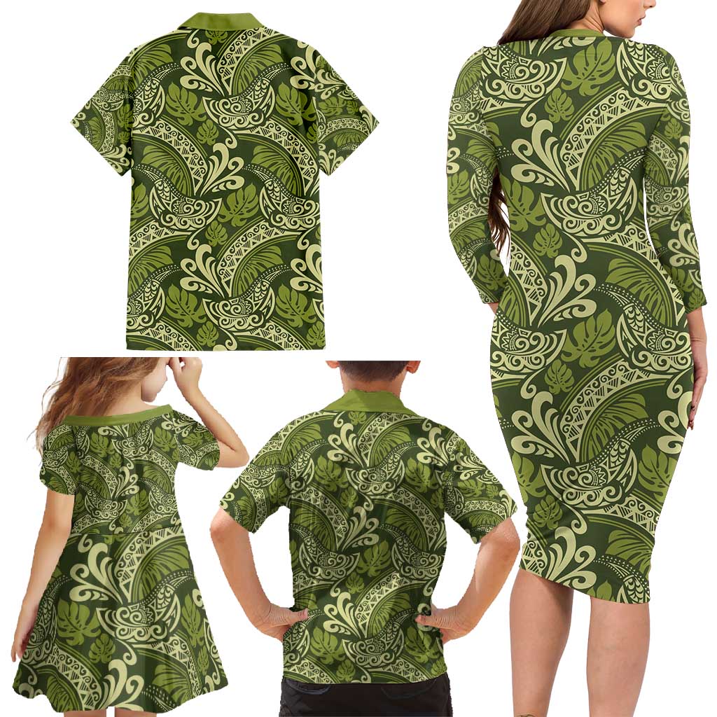 Olive Green Monstera Family Matching Long Sleeve Bodycon Dress and Hawaiian Shirt Polynesian Tribal Pattern LT01 - Polynesian Pride