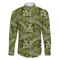 Olive Green Monstera Family Matching Long Sleeve Bodycon Dress and Hawaiian Shirt Polynesian Tribal Pattern LT01 Dad's Shirt - Long Sleeve Green - Polynesian Pride