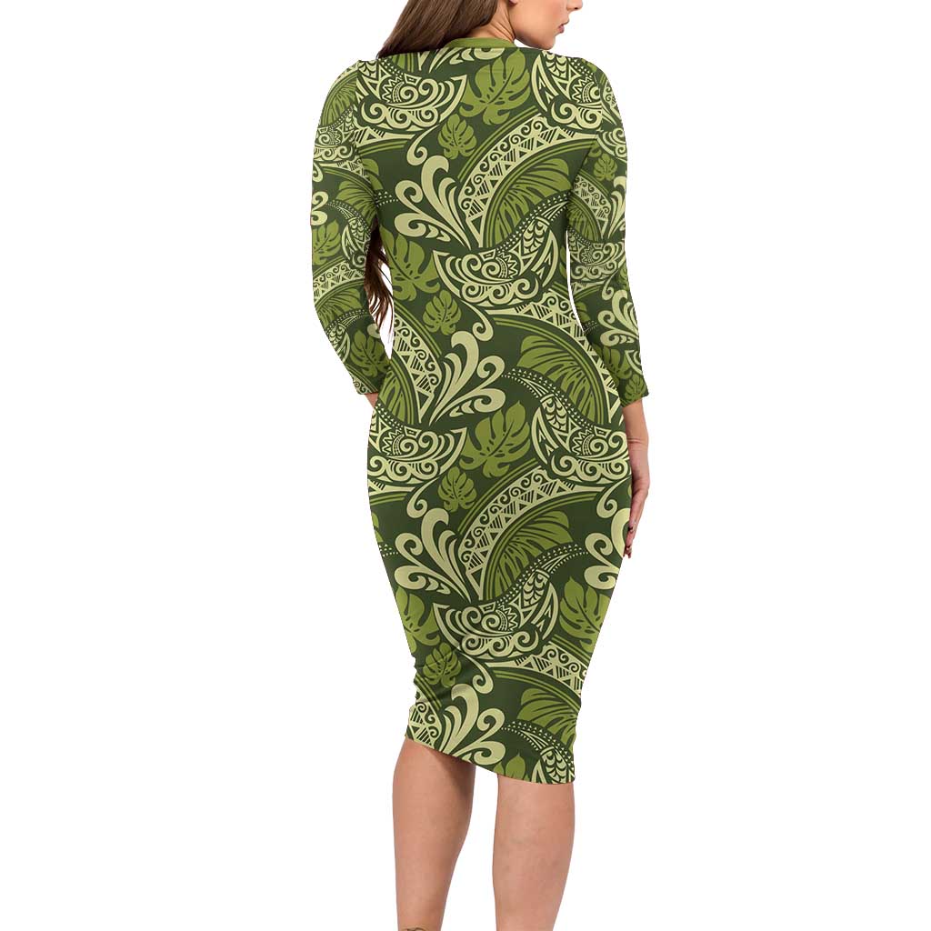 Olive Green Monstera Family Matching Long Sleeve Bodycon Dress and Hawaiian Shirt Polynesian Tribal Pattern LT01 - Polynesian Pride