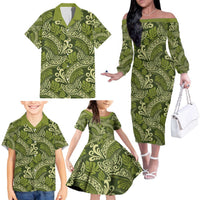 Olive Green Monstera Family Matching Off The Shoulder Long Sleeve Dress and Hawaiian Shirt Polynesian Tribal Pattern LT01 - Polynesian Pride