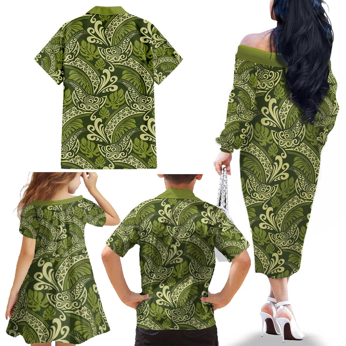 Olive Green Monstera Family Matching Off The Shoulder Long Sleeve Dress and Hawaiian Shirt Polynesian Tribal Pattern LT01 - Polynesian Pride