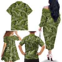 Olive Green Monstera Family Matching Off The Shoulder Long Sleeve Dress and Hawaiian Shirt Polynesian Tribal Pattern LT01 - Polynesian Pride